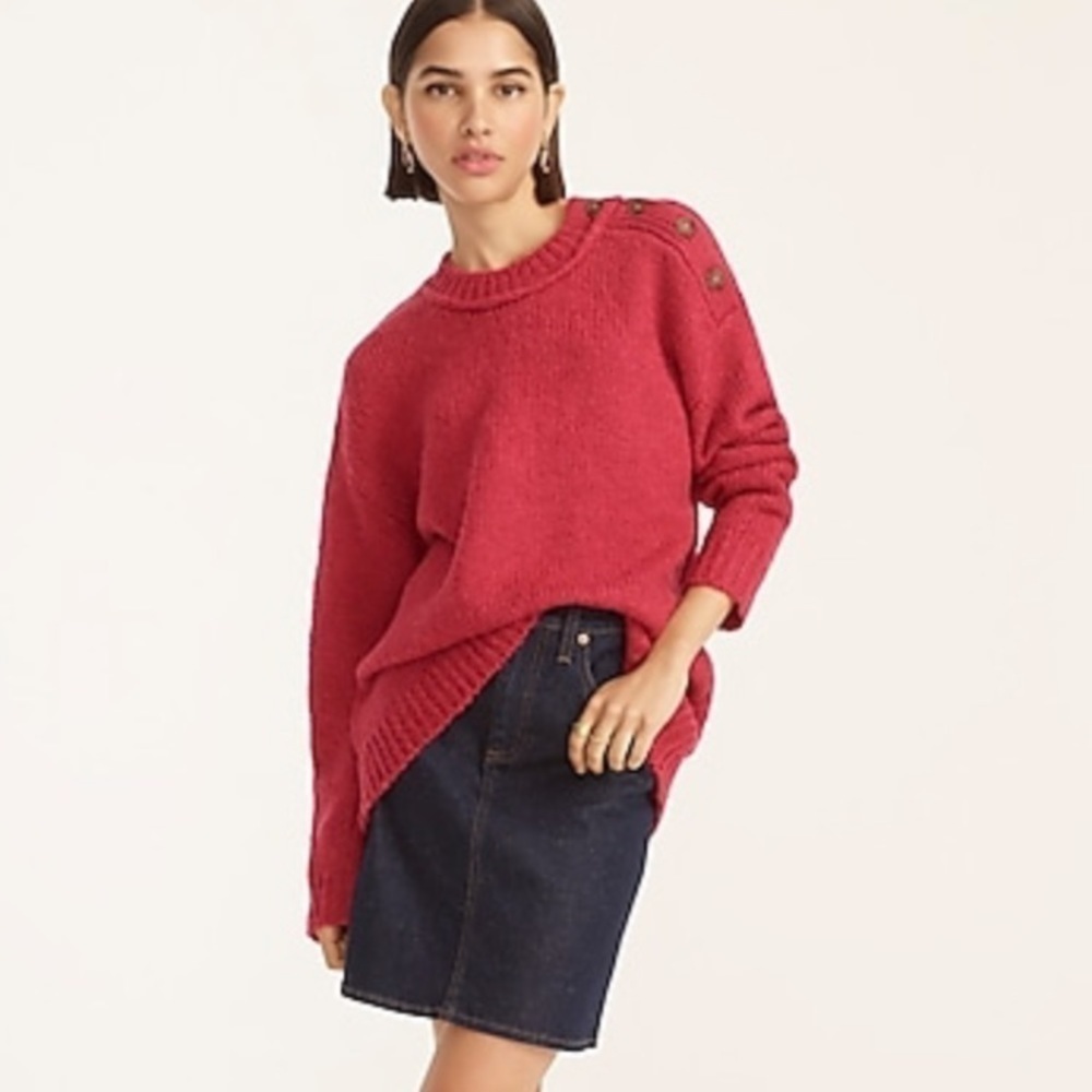 J crew button shoulder crewneck sweater brilliant raspberry Barbie
